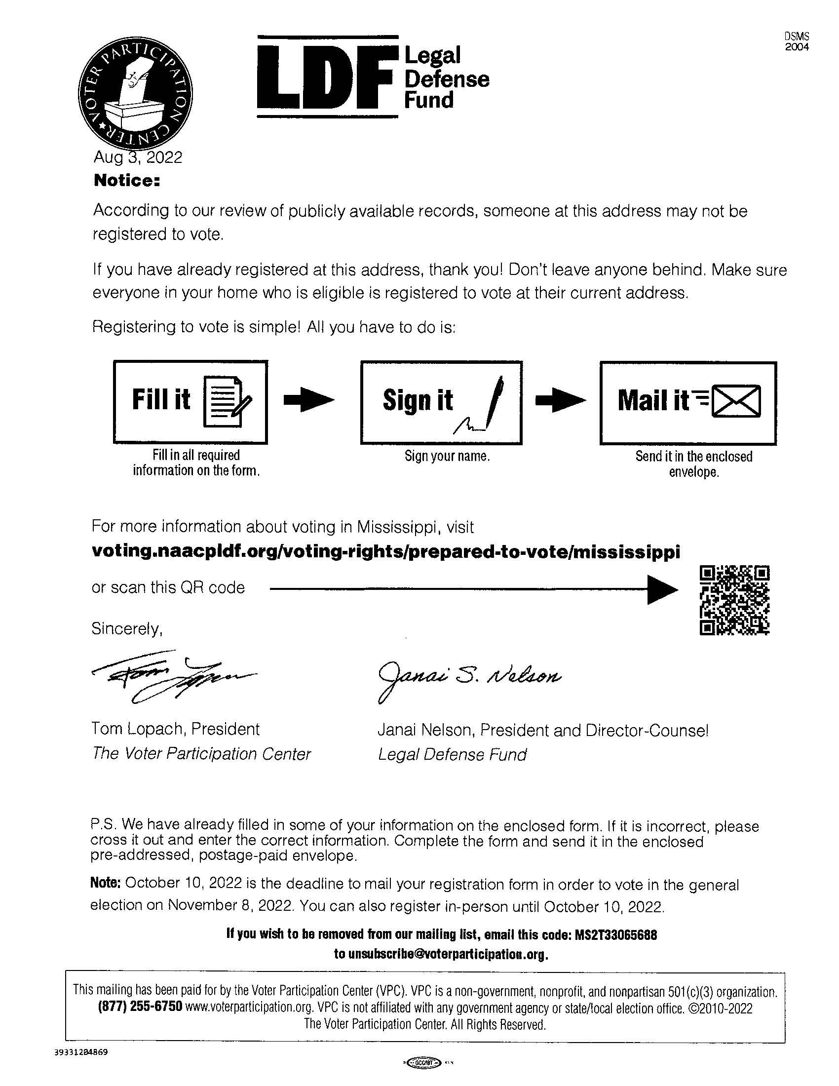 LDF Voter Registration Letter
